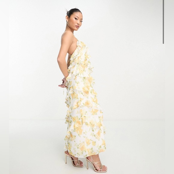 ASOS Ever New Petite ruffle maxi dress in yellow floral size 4 - Picture 2 of 8